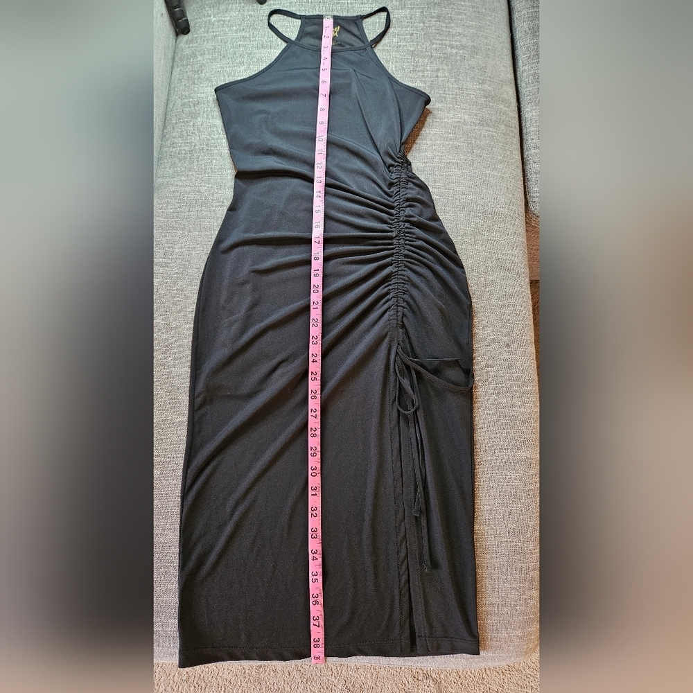 PLANET GOLD Ruched Black Midi Dress With Front Slit (Juniors) Size Small - Picture 5 of 11